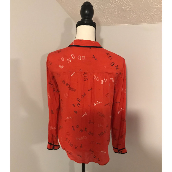 Anthropologie Maeve Art House Red Paris London Milan Button Down Blouse-Size 0 - Picture 3 of 9
